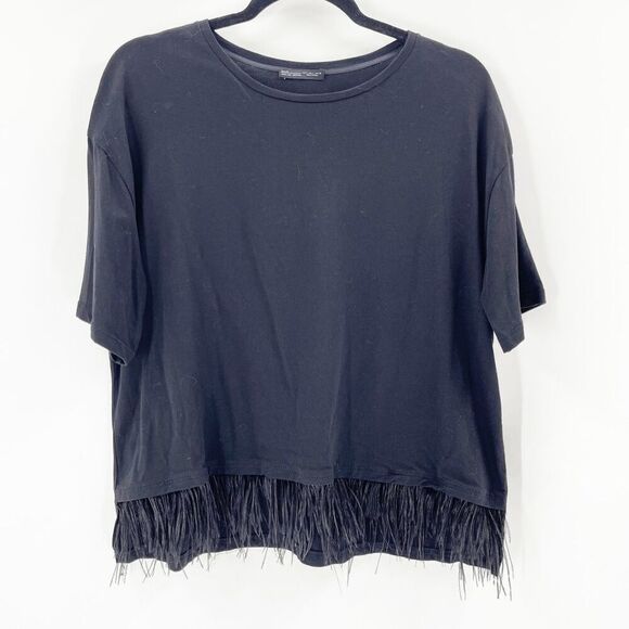Zara Tops - Zara Womens Fringe Hem Blouse Size L Black Short Sleeve Boxy Relaxed